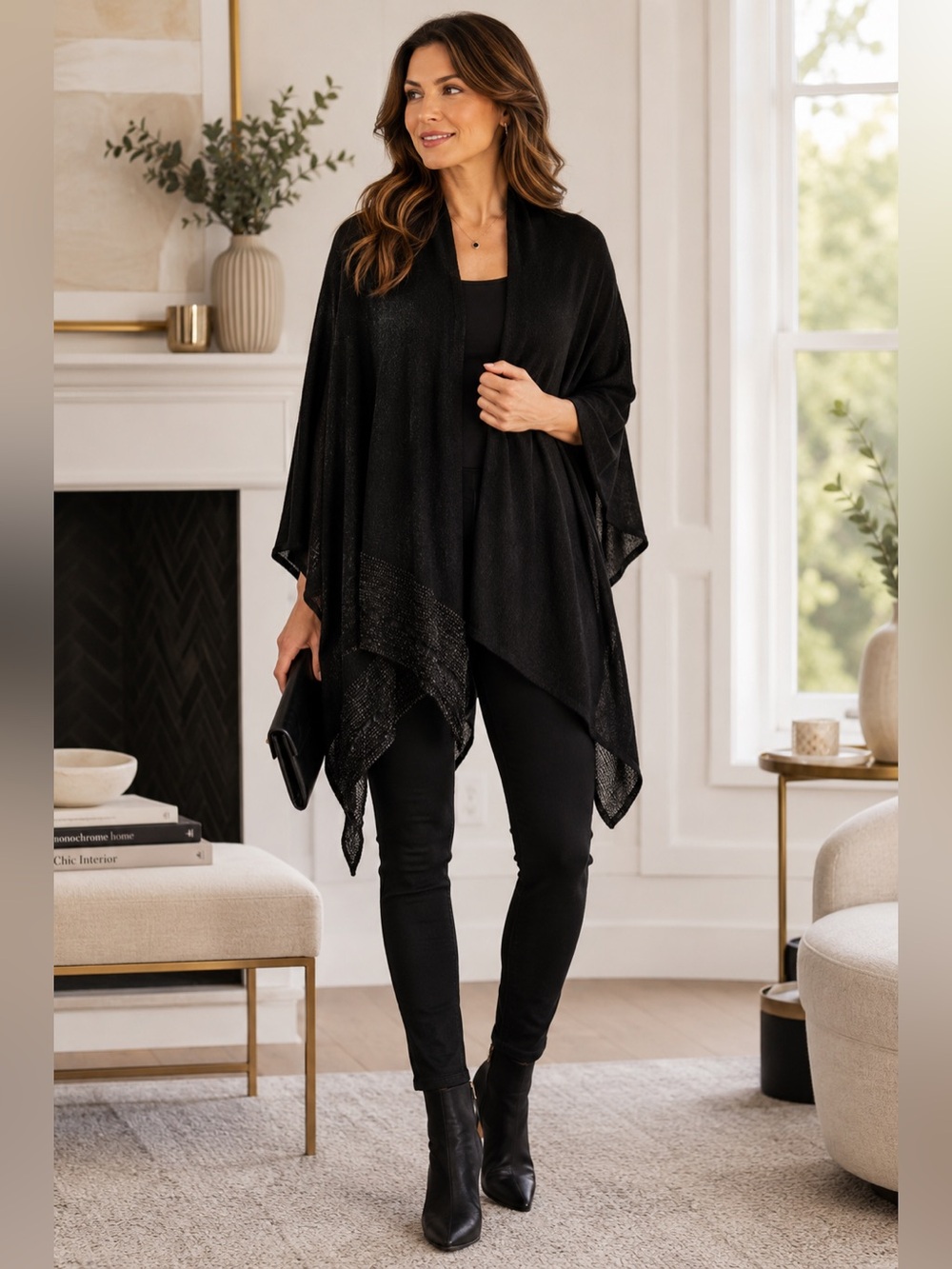 Apt. 9 Black Knit Poncho Shawl Metallic Trim Draped One Size Wrap